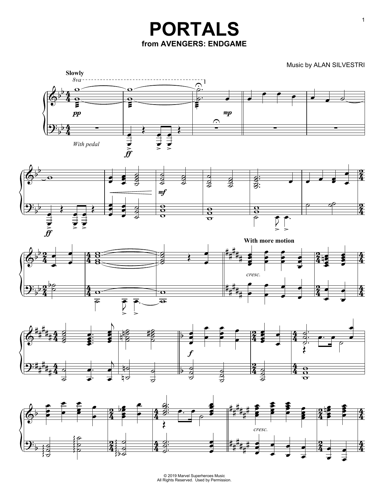Alan Silvestri Portals (from Avengers: Endgame) sheet music notes and chords arranged for Piano Solo
