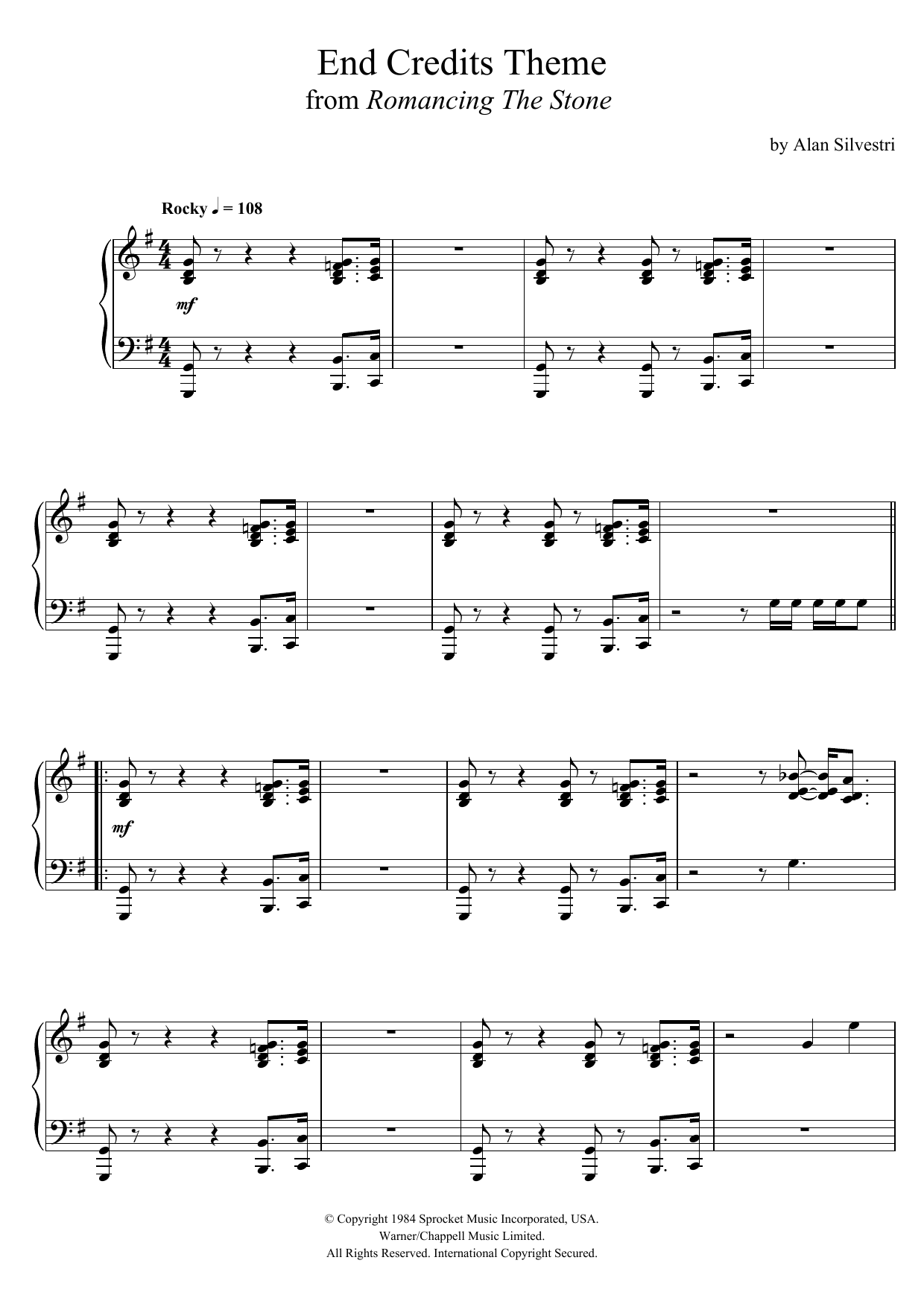 Alan Silvestri Romancing The Stone (End Credits Theme) sheet music notes and chords arranged for Piano Solo