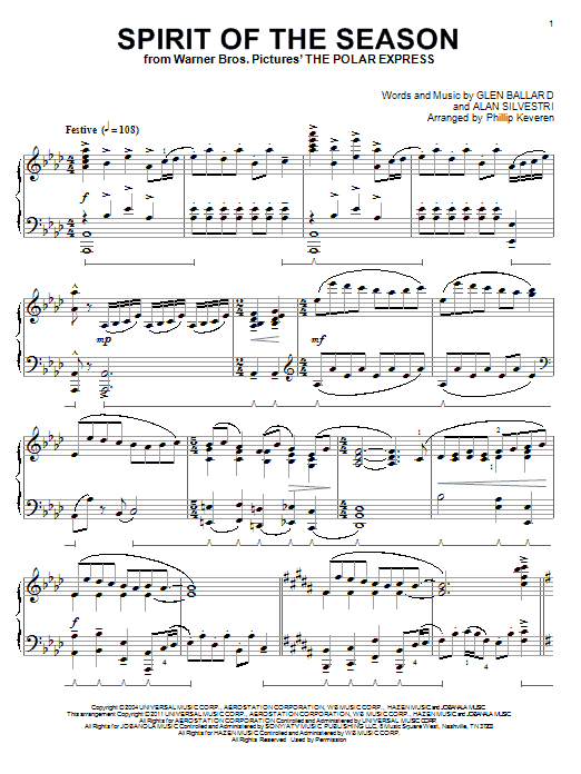 Alan Silvestri Spirit Of The Season (arr. Phillip Keveren) sheet music notes and chords arranged for Piano Solo