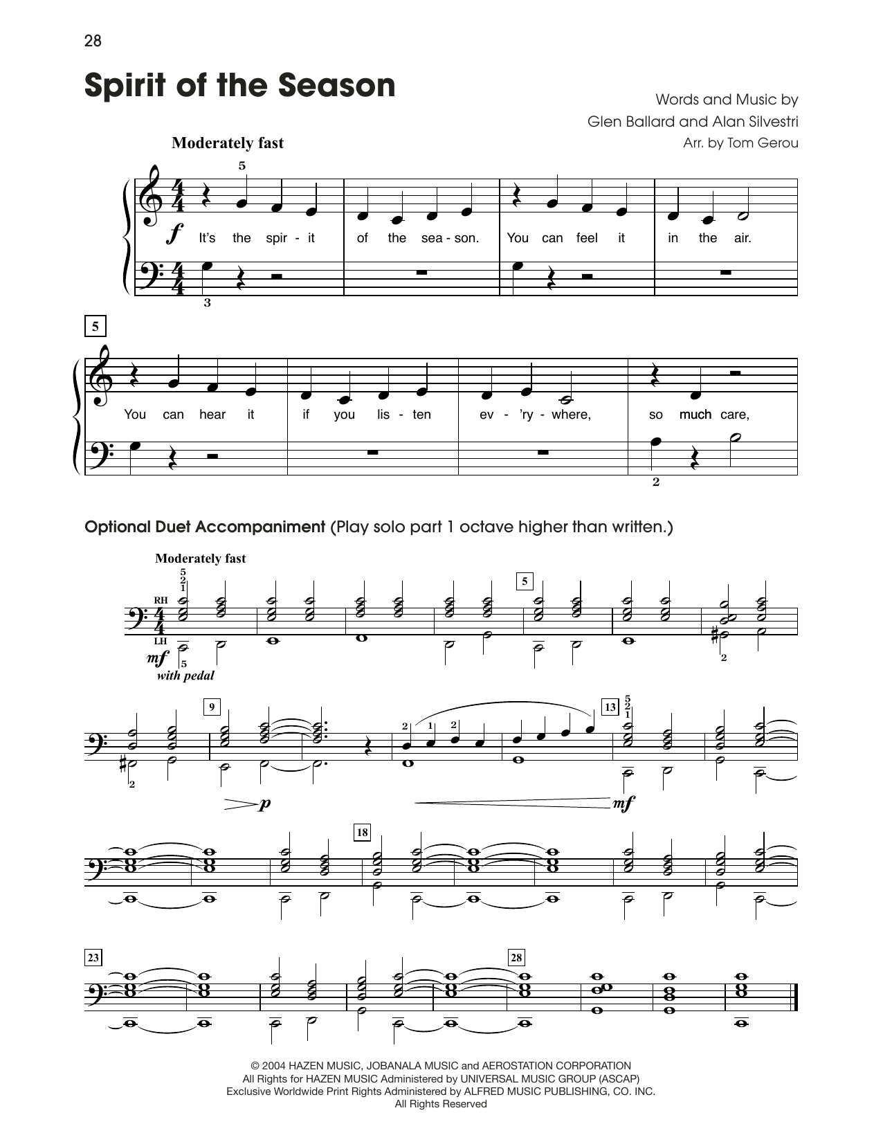 Alan Silvestri Spirit Of The Season (from The Polar Express) (arr. Tom Gerou) sheet music notes and chords arranged for 5-Finger Piano