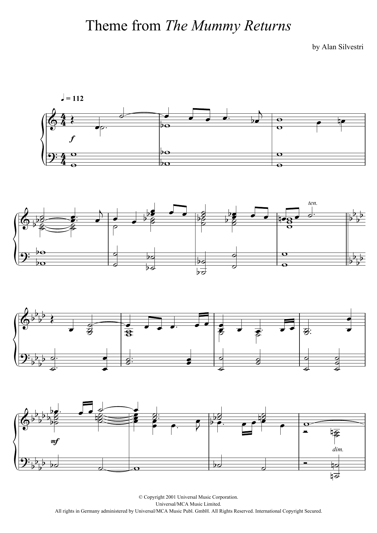 Alan Silvestri The Mummy Returns (The Mummy Returns) sheet music notes and chords arranged for Piano Solo