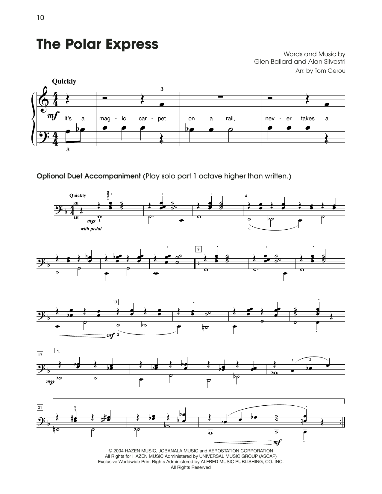 Alan Silvestri The Polar Express (arr. Tom Gerou) sheet music notes and chords arranged for 5-Finger Piano