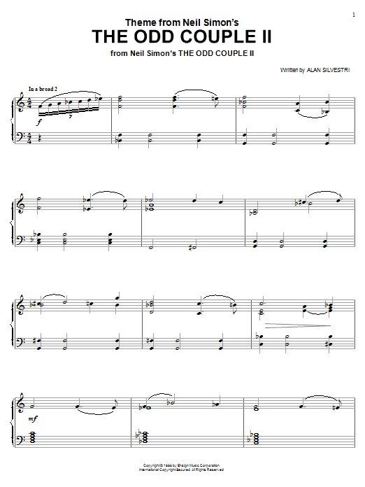 Alan Silvestri Theme from Neil Simon's The Odd Couple II sheet music notes and chords arranged for Piano Solo