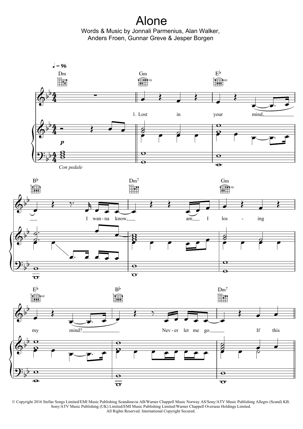 Alan Walker Alone sheet music notes and chords arranged for Piano, Vocal & Guitar Chords