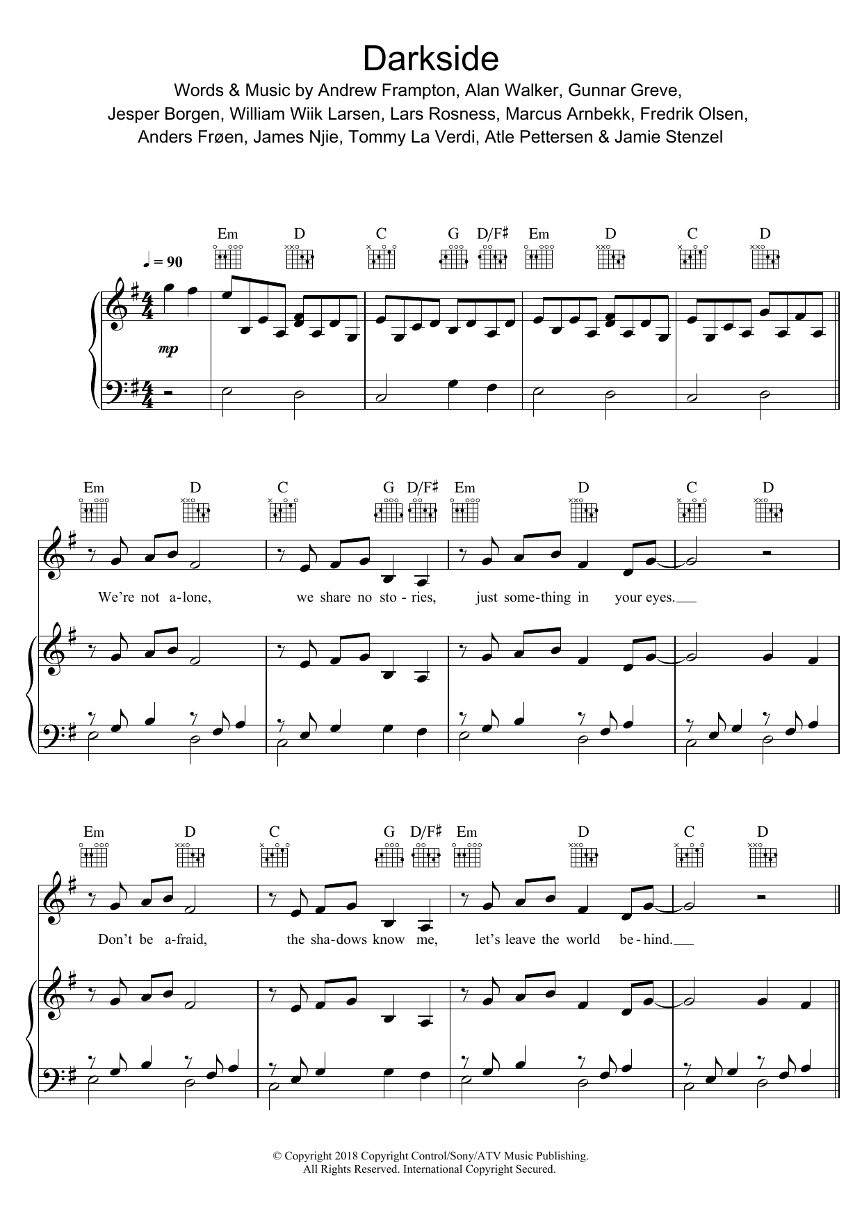 Alan Walker Darkside (featuring Au/Ra and Tomine Harket) sheet music notes and chords arranged for Piano, Vocal & Guitar Chords (Right-Hand Melody)