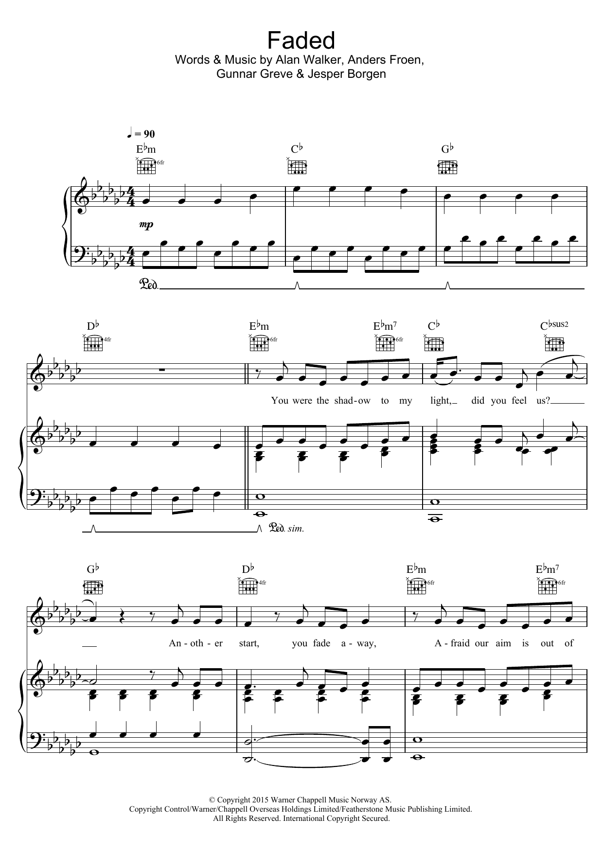 Alan Walker Faded sheet music notes and chords arranged for Piano, Vocal & Guitar Chords (Right-Hand Melody)