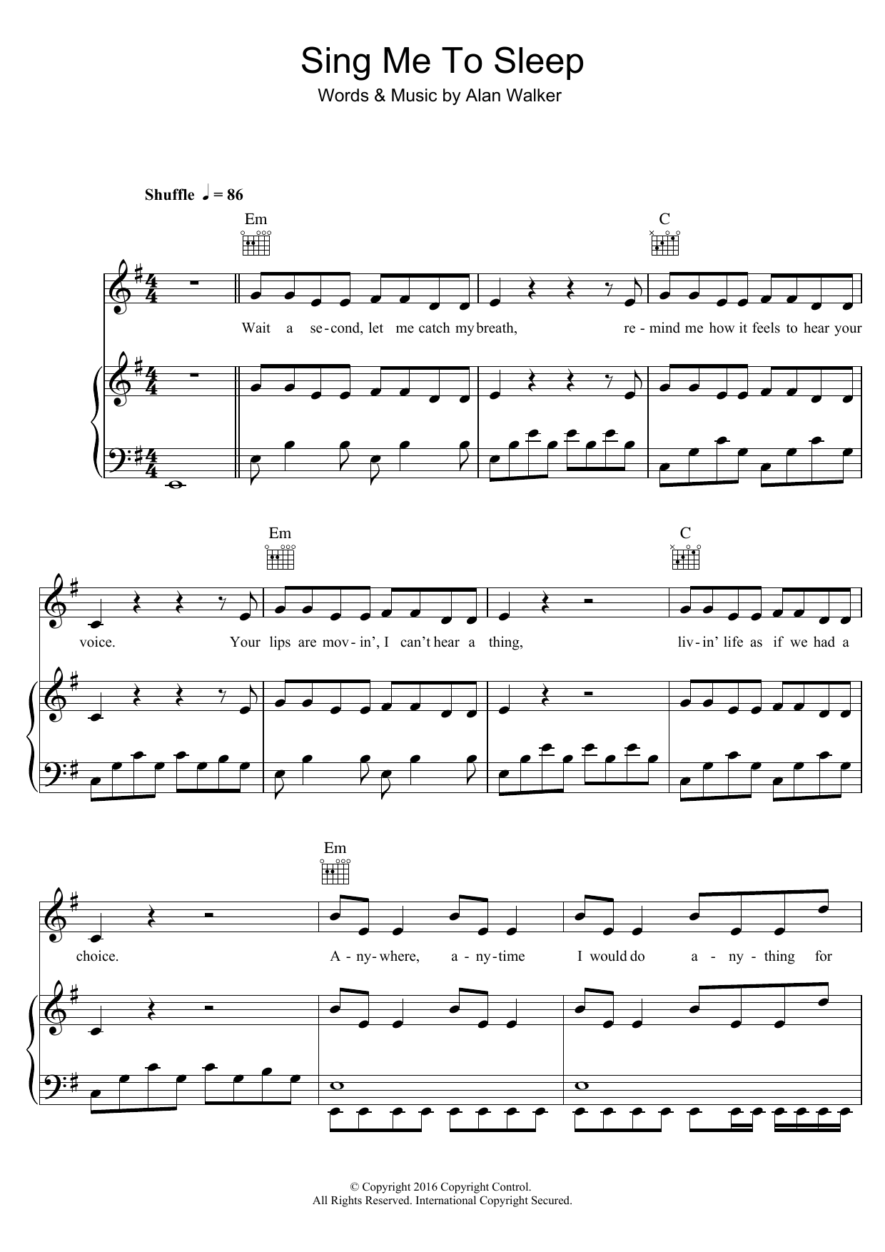 Alan Walker Sing Me To Sleep sheet music notes and chords arranged for Piano, Vocal & Guitar Chords