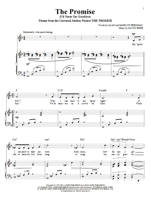 Alan Bergman The Promise (I'll Never Say Goodbye) sheet music notes and chords arranged for Piano & Vocal
