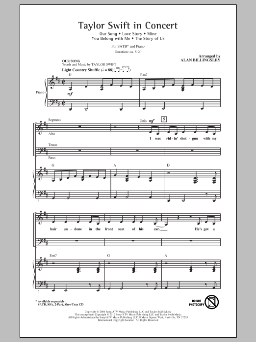 Alan Billingsley Taylor Swift In Concert (Medley) sheet music notes and chords arranged for SATB Choir