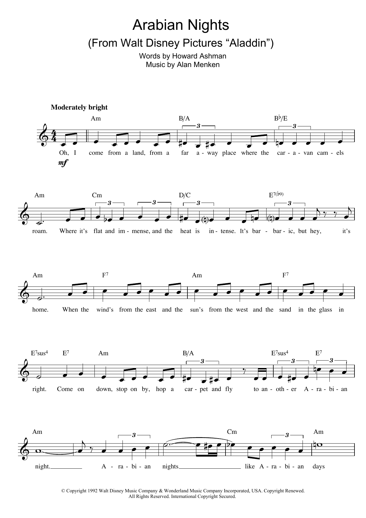 Alan Menken Arabian Nights (from Aladdin) sheet music notes and chords. Download Printable PDF.