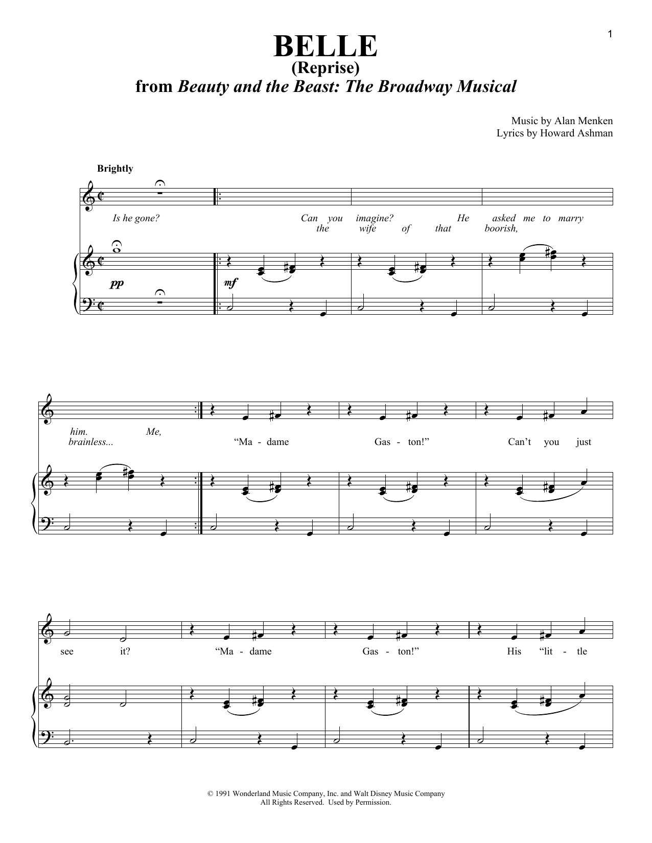 Alan Menken Belle (Reprise) (from Beauty And The Beast) sheet music notes and chords arranged for Piano & Vocal
