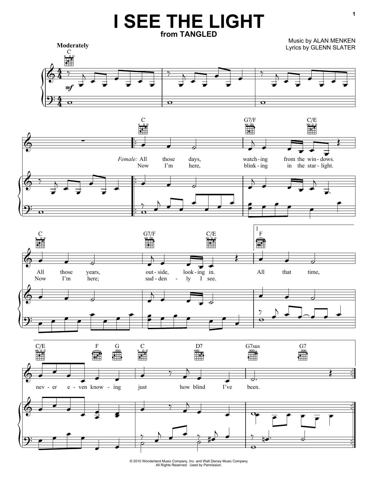 Alan Menken I See The Light (from Tangled) sheet music notes and chords arranged for Piano Solo