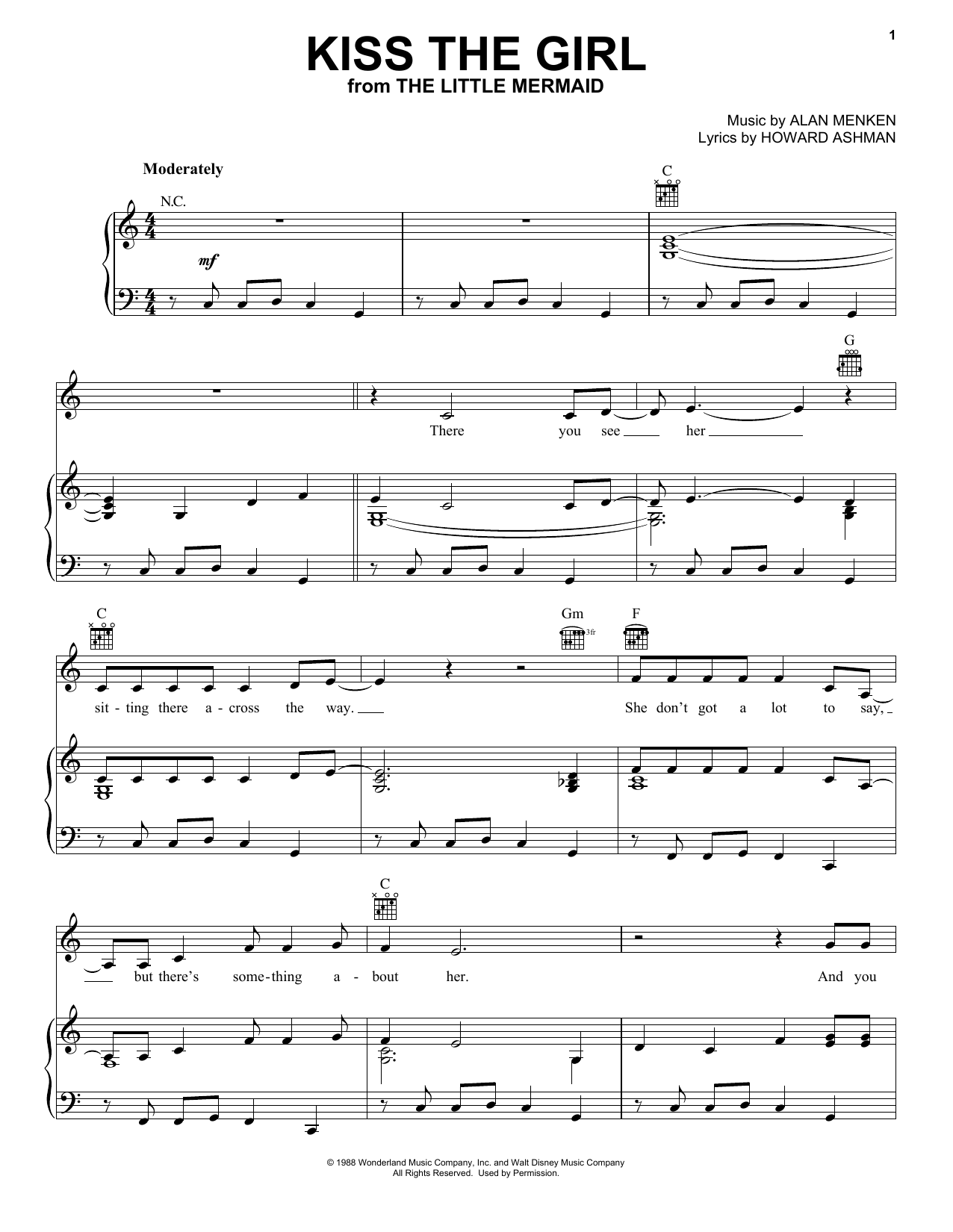 Alan Menken Kiss The Girl (from The Little Mermaid) sheet music notes and chords. Download Printable PDF.