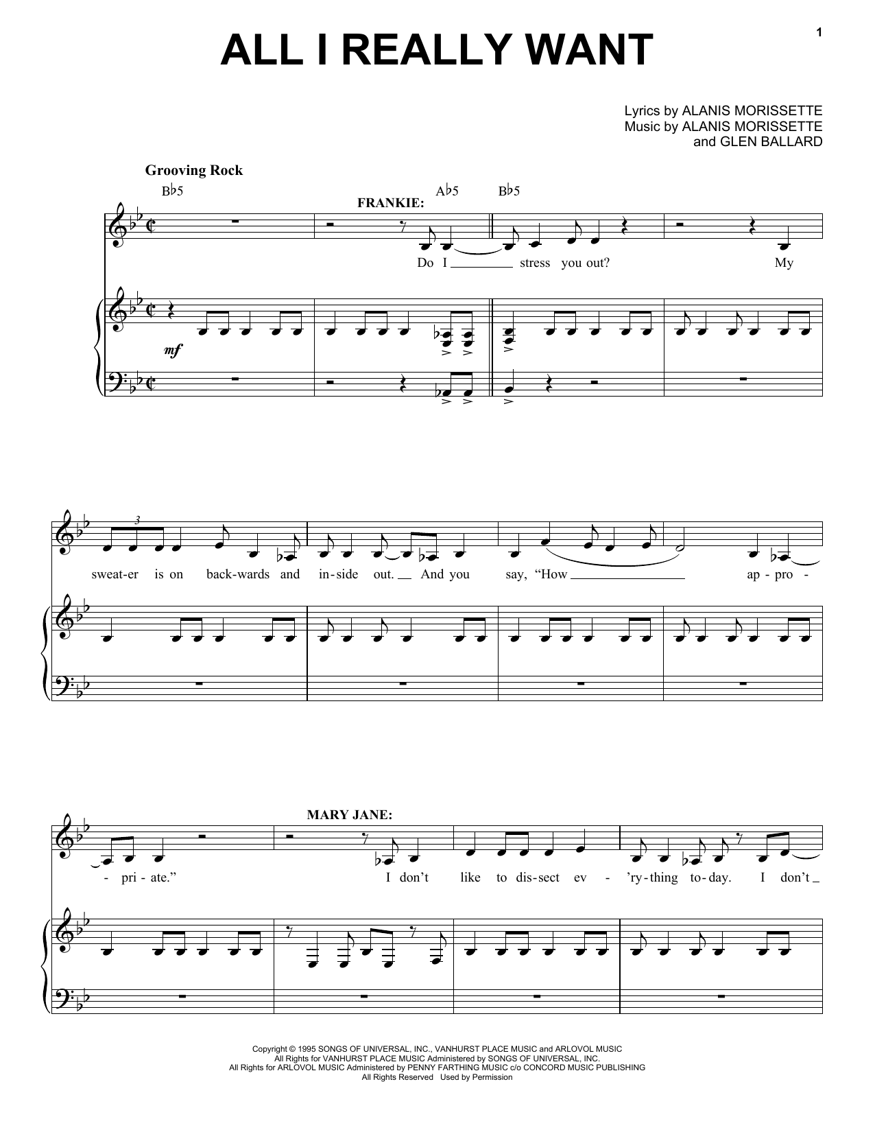 Alanis Morissette All I Really Want (from Jagged Little Pill The Musical) sheet music notes and chords arranged for Piano & Vocal