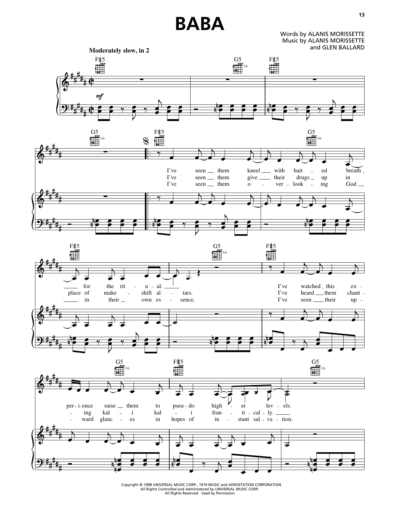 Alanis Morissette Baba sheet music notes and chords arranged for Piano, Vocal & Guitar Chords (Right-Hand Melody)