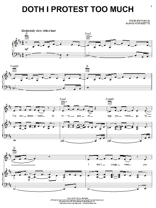 Alanis Morissette Doth I Protest Too Much sheet music notes and chords arranged for Piano, Vocal & Guitar Chords (Right-Hand Melody)
