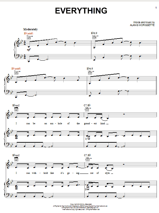 Alanis Morissette Everything sheet music notes and chords arranged for Piano, Vocal & Guitar Chords (Right-Hand Melody)
