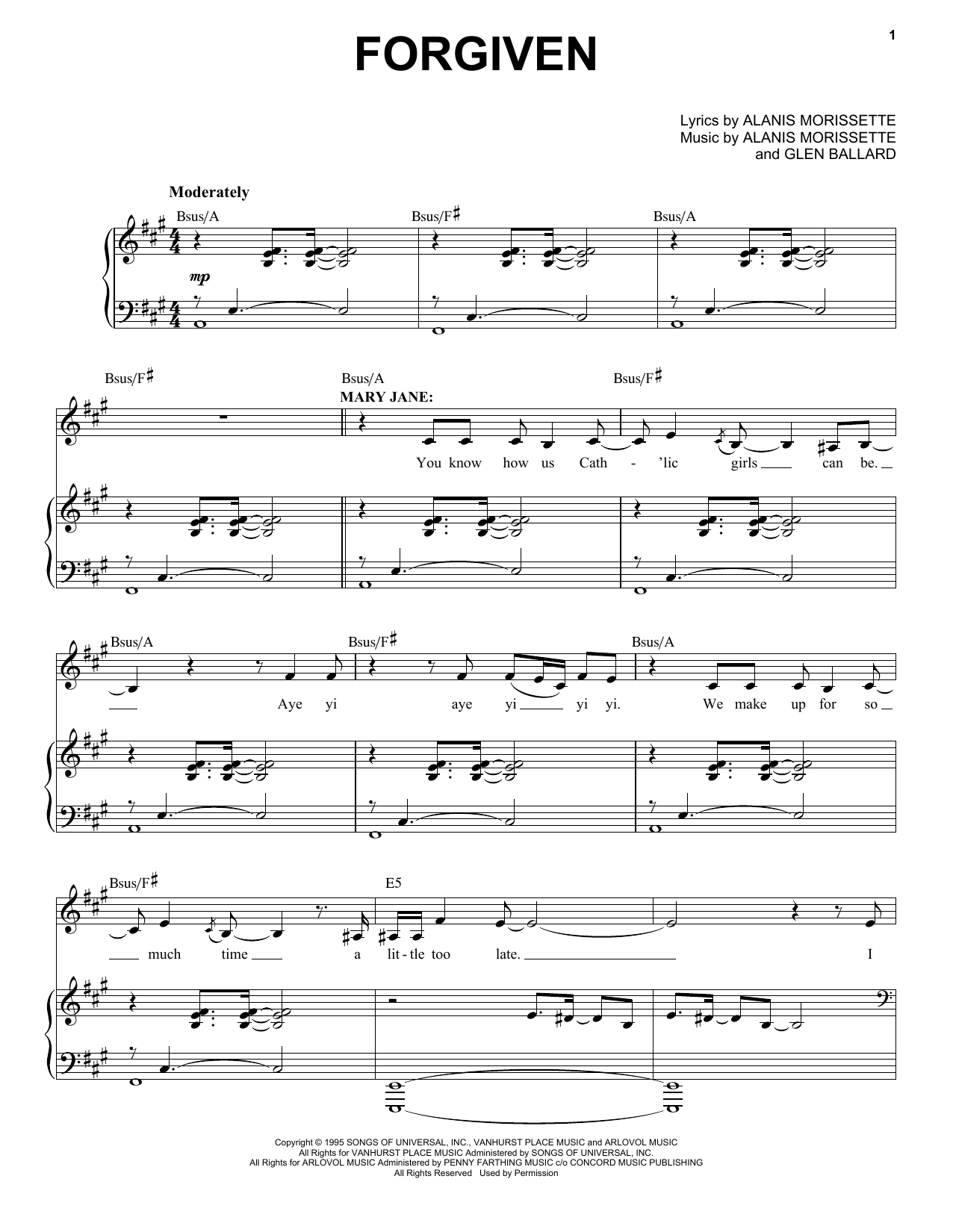 Alanis Morissette Forgiven (from Jagged Little Pill The Musical) sheet music notes and chords arranged for Piano & Vocal