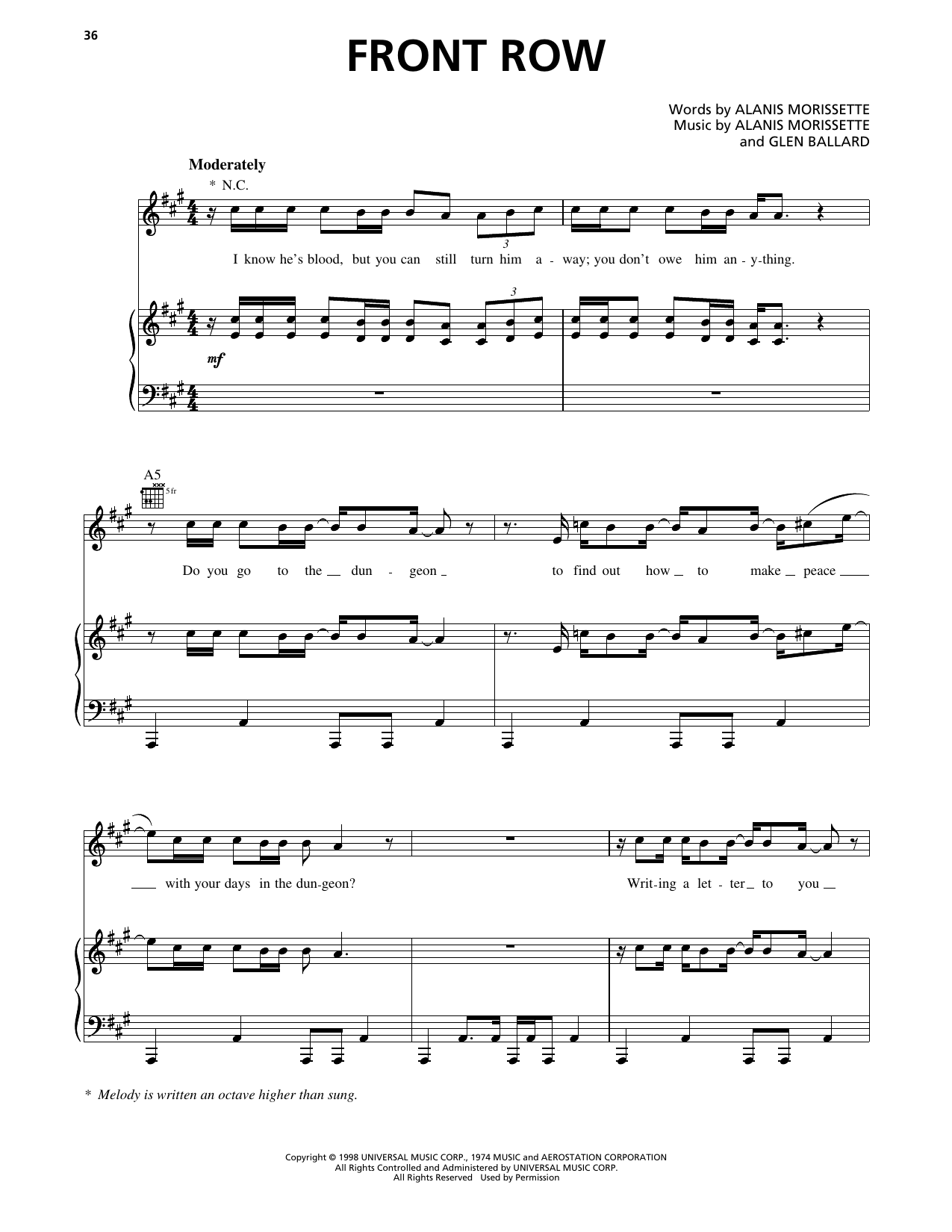 Alanis Morissette Front Row sheet music notes and chords arranged for Piano, Vocal & Guitar Chords (Right-Hand Melody)