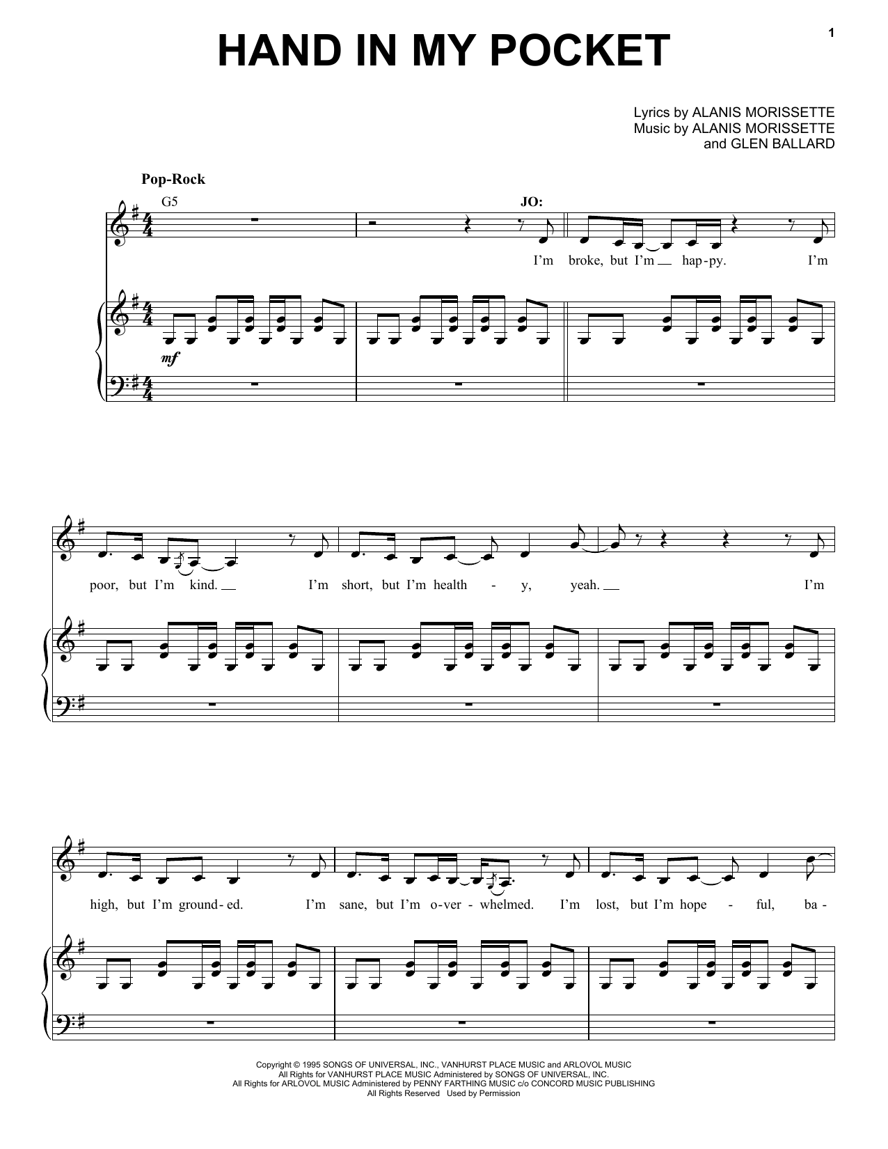 Alanis Morissette Hand In My Pocket (from Jagged Little Pill The Musical) sheet music notes and chords arranged for Piano & Vocal