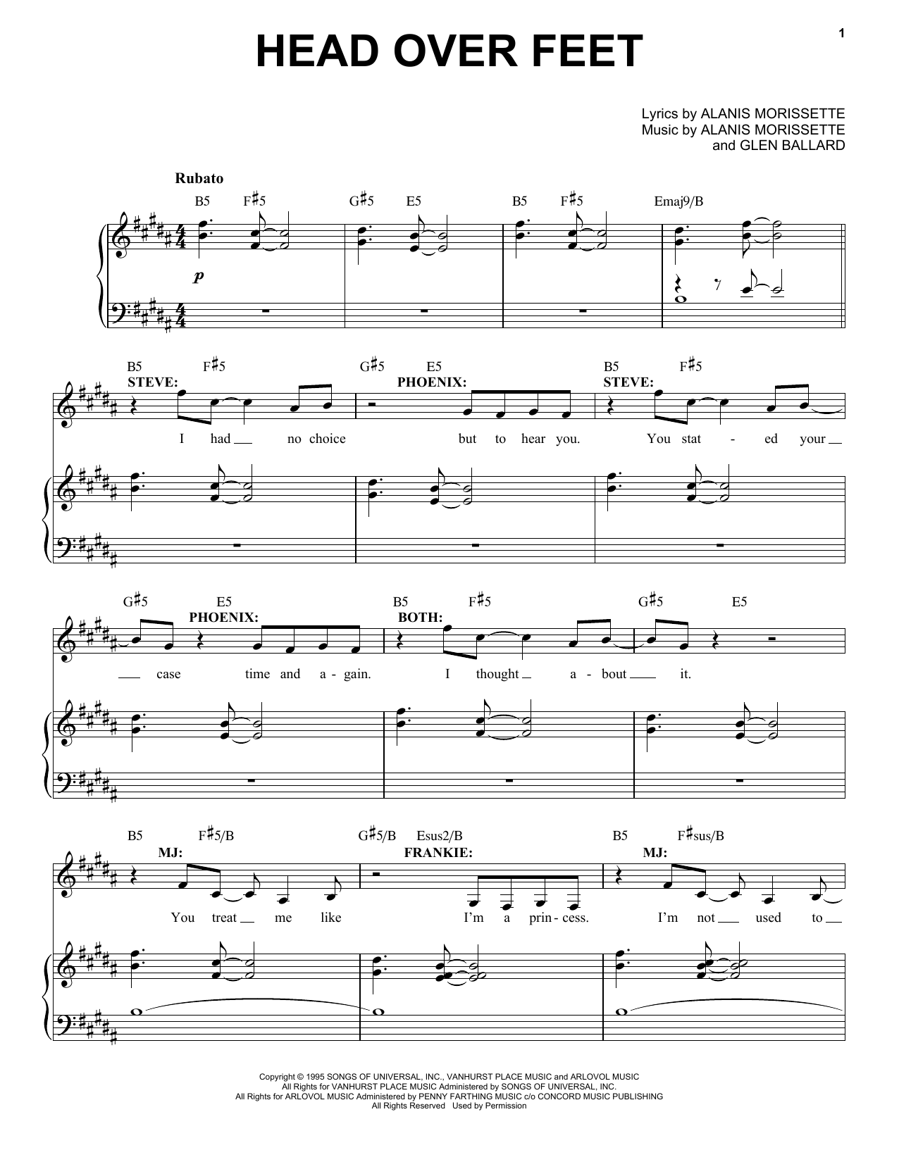 Alanis Morissette Head Over Feet (from Jagged Little Pill The Musical) sheet music notes and chords arranged for Piano & Vocal