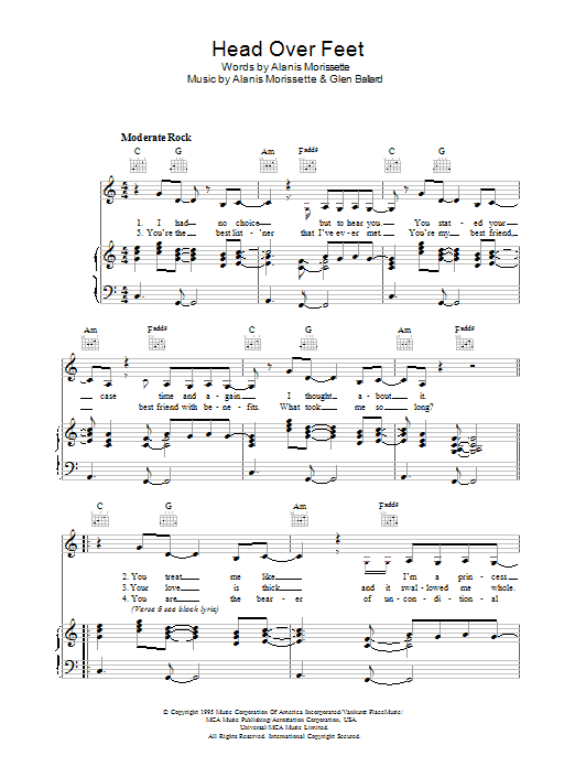 Alanis Morissette Head Over Feet sheet music notes and chords arranged for Piano, Vocal & Guitar Chords (Right-Hand Melody)