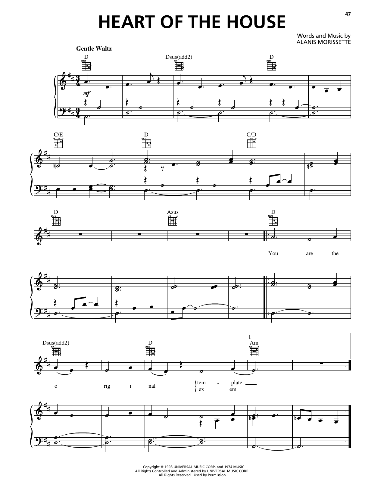 Alanis Morissette Heart Of The House sheet music notes and chords arranged for Piano, Vocal & Guitar Chords (Right-Hand Melody)