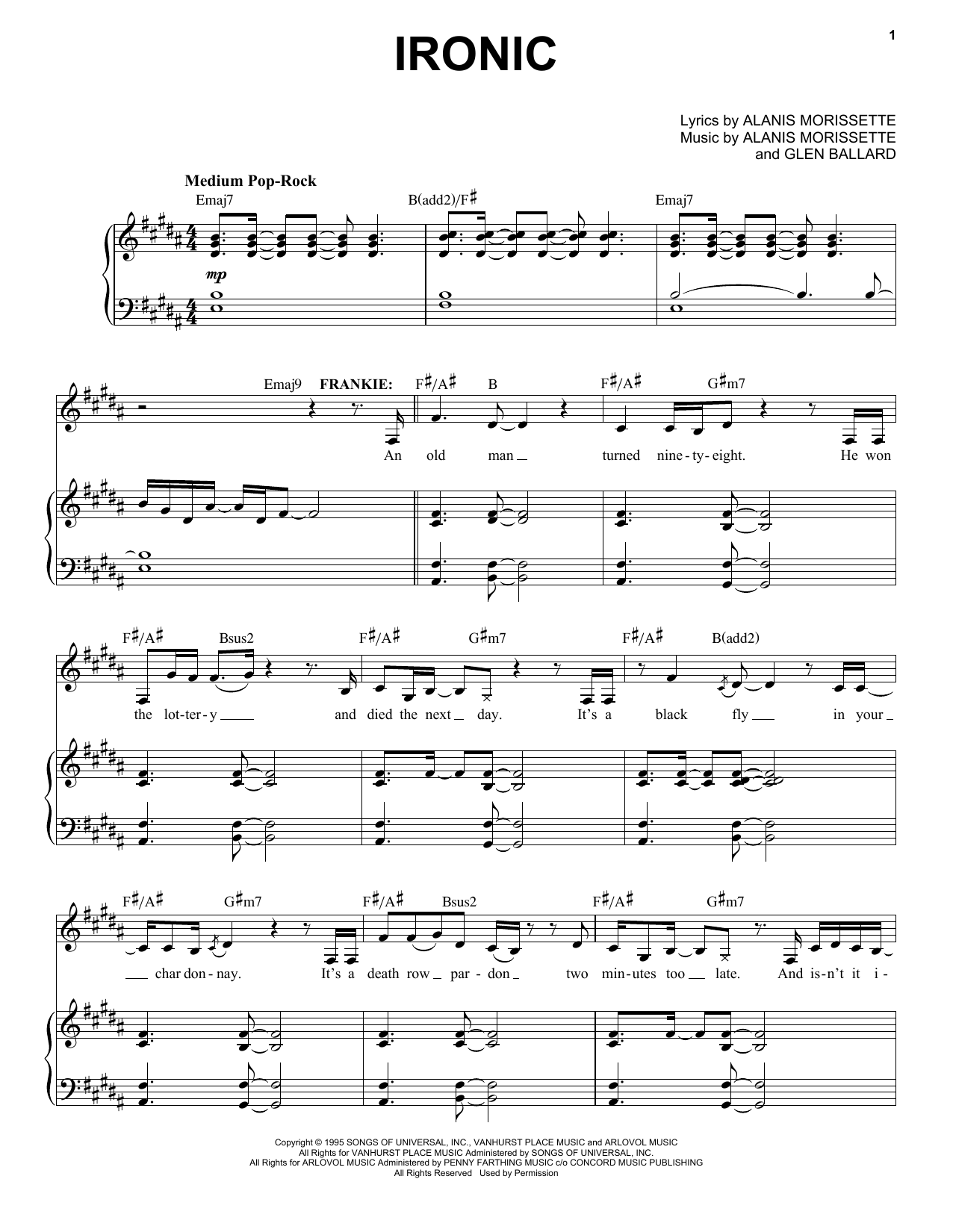 Alanis Morissette Ironic (from Jagged Little Pill The Musical) sheet music notes and chords arranged for Piano & Vocal