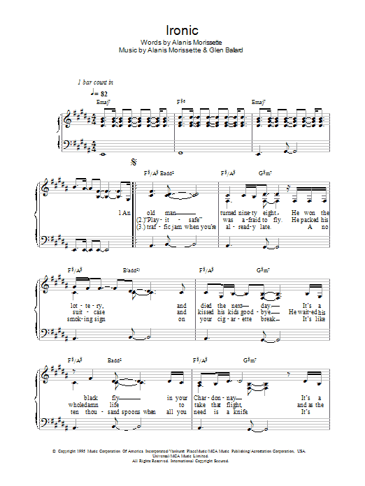 Alanis Morissette Ironic sheet music notes and chords arranged for Piano, Vocal & Guitar Chords (Right-Hand Melody)