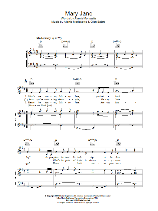 Alanis Morissette Mary Jane sheet music notes and chords arranged for Piano, Vocal & Guitar Chords