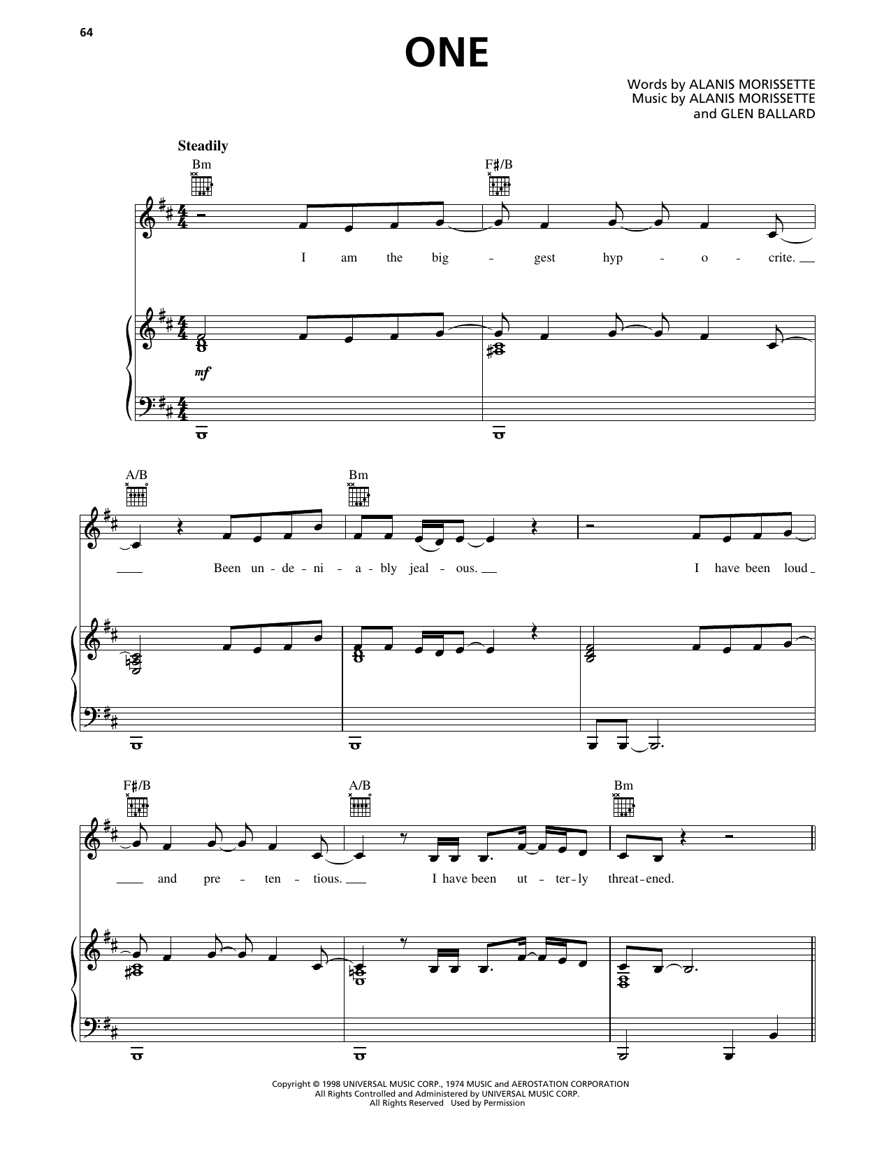 Alanis Morissette One sheet music notes and chords arranged for Piano, Vocal & Guitar Chords (Right-Hand Melody)