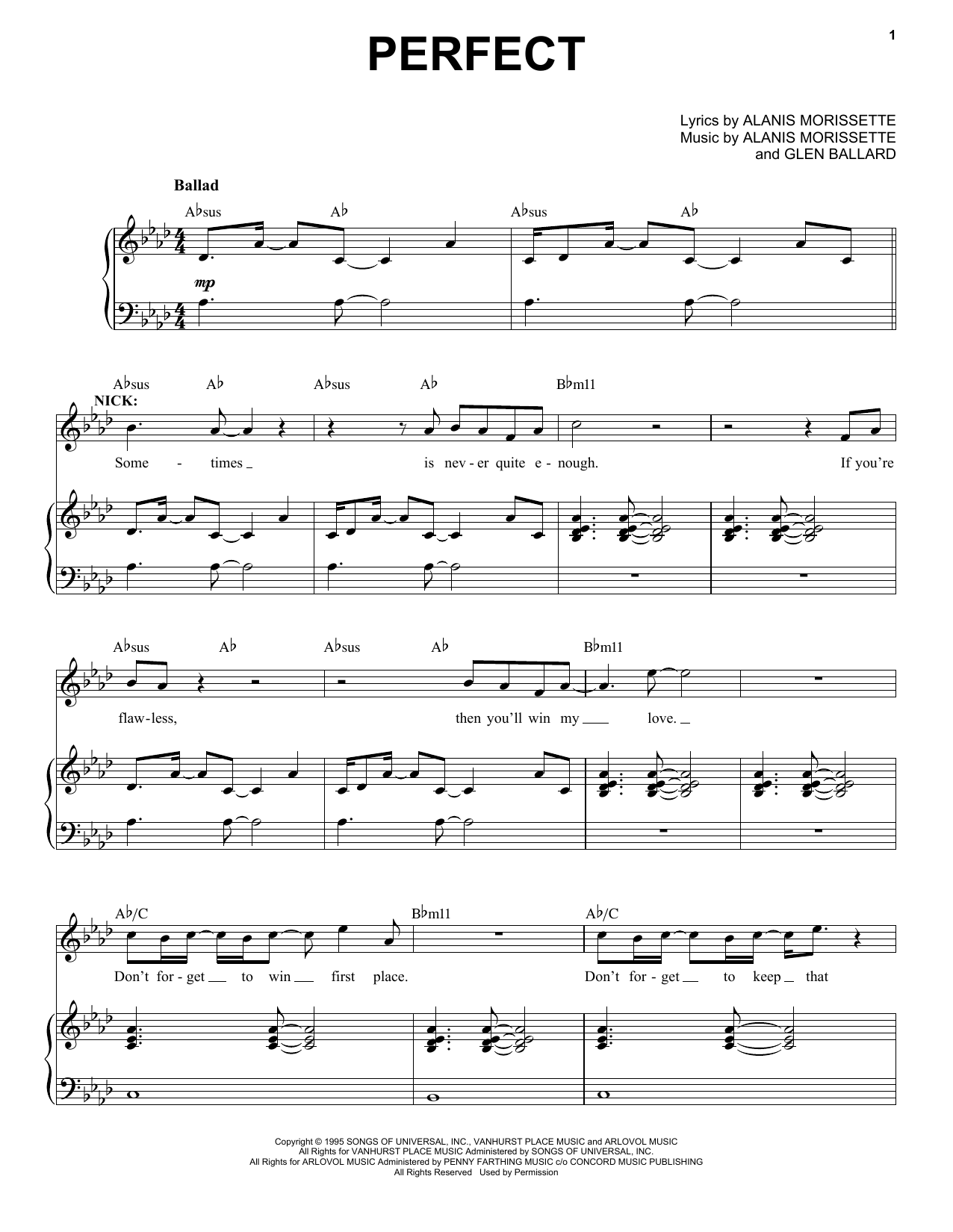 Alanis Morissette Perfect (from Jagged Little Pill The Musical) sheet music notes and chords arranged for Piano & Vocal