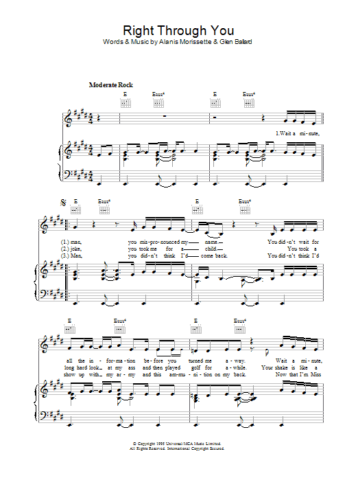 Alanis Morissette Right Through You sheet music notes and chords arranged for Piano, Vocal & Guitar Chords (Right-Hand Melody)