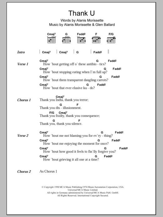 Alanis Morissette Thank U sheet music notes and chords arranged for Guitar Chords/Lyrics
