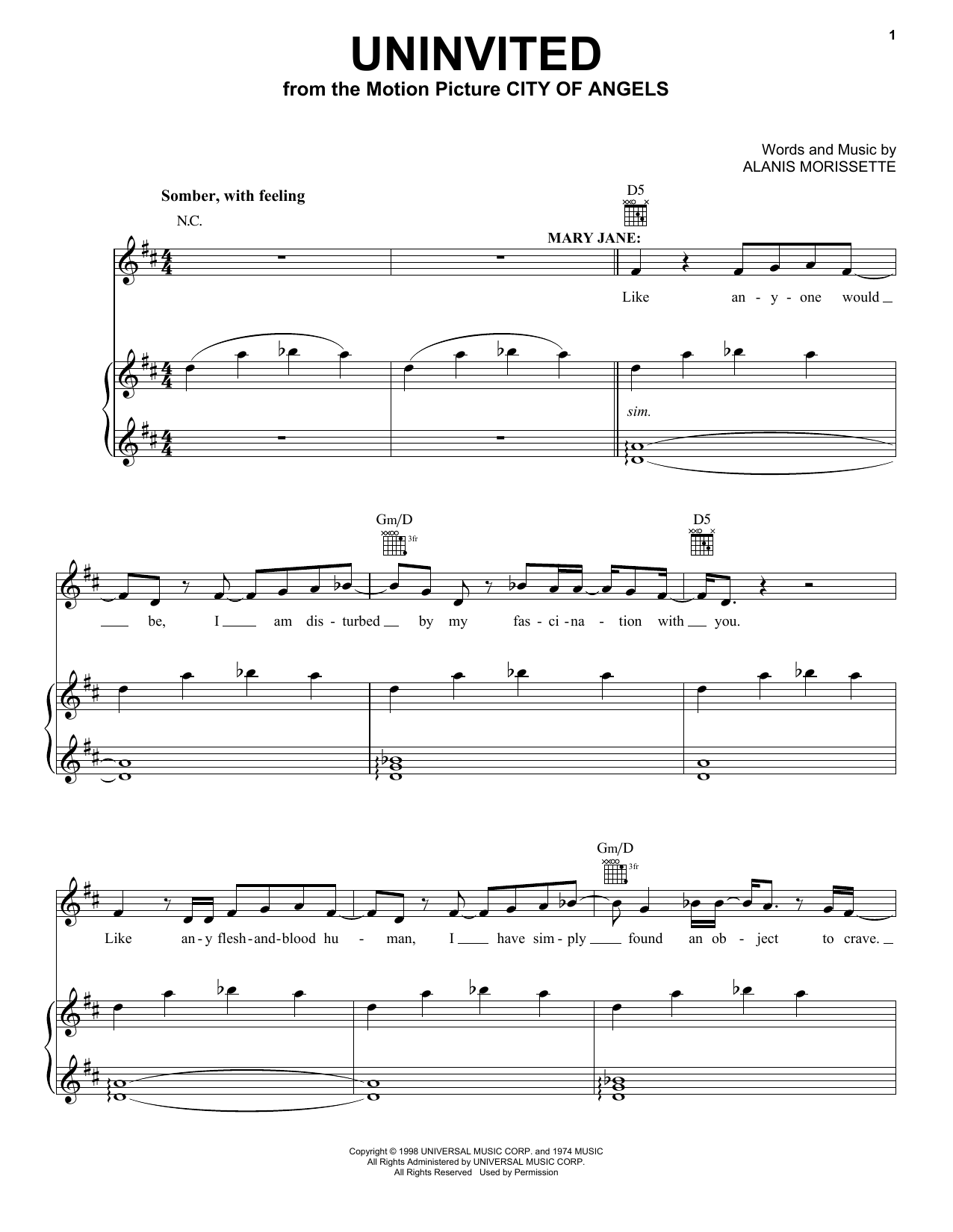 Alanis Morissette Uninvited (from City Of Angels) sheet music notes and chords arranged for Easy Piano