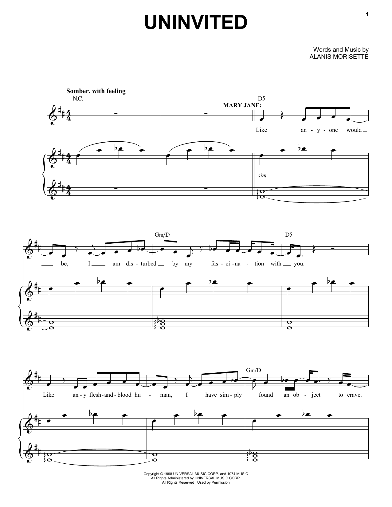 Alanis Morissette Uninvited (from Jagged Little Pill The Musical) sheet music notes and chords arranged for Piano & Vocal