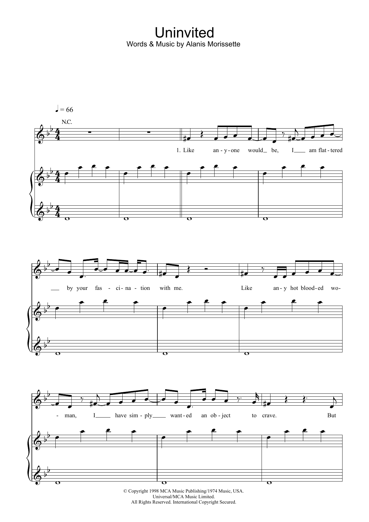 Alanis Morissette Uninvited sheet music notes and chords arranged for Piano, Vocal & Guitar Chords