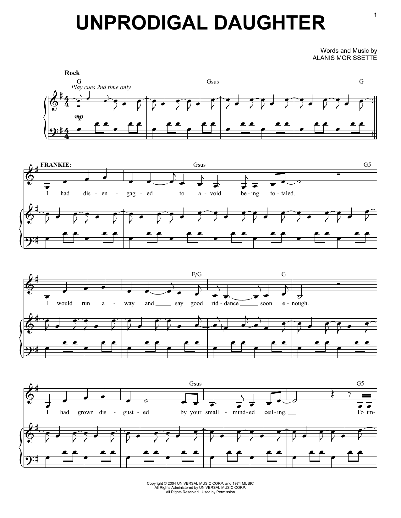 Alanis Morissette Unprodigal Daughter (from Jagged Little Pill The Musical) sheet music notes and chords arranged for Piano & Vocal