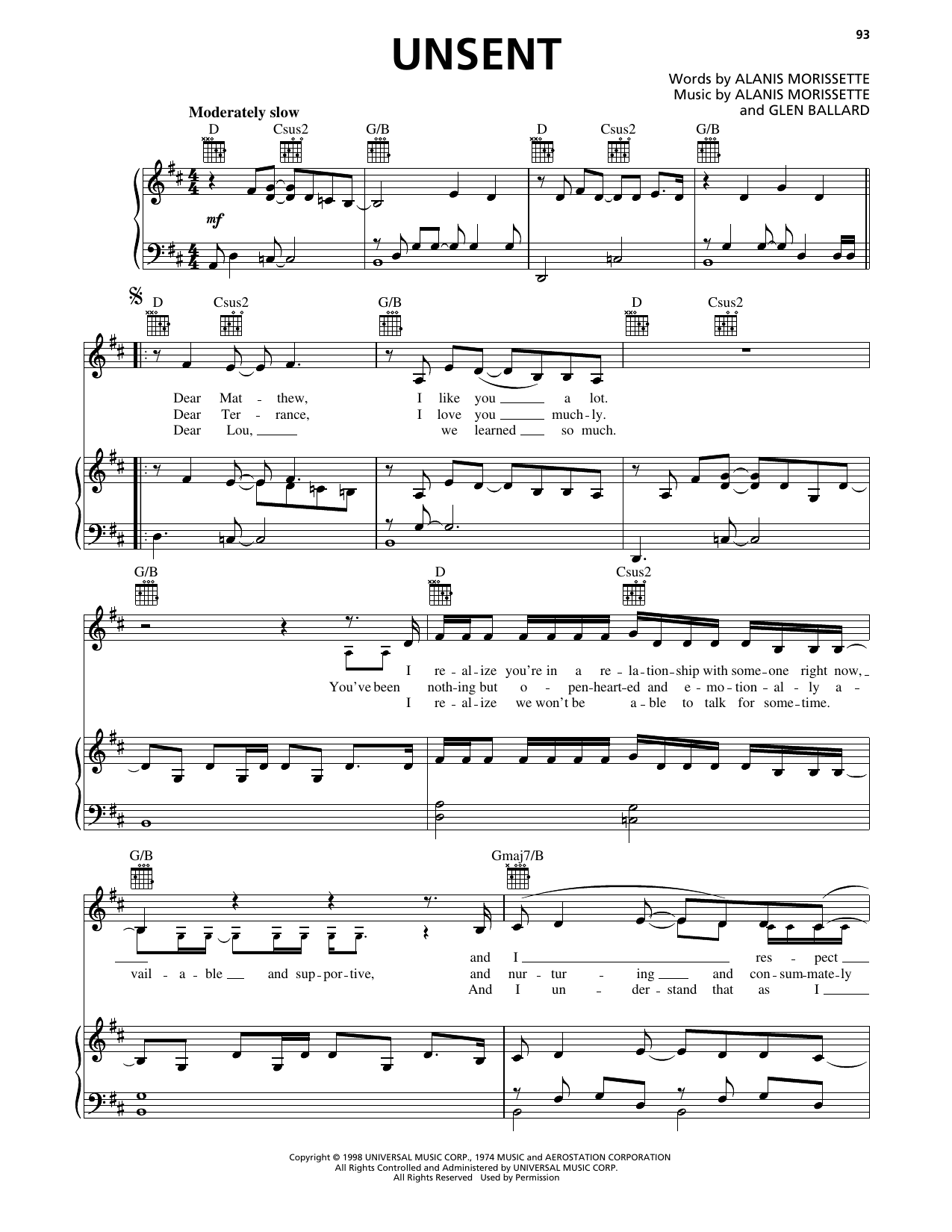 Alanis Morissette Unsent sheet music notes and chords arranged for Piano, Vocal & Guitar Chords (Right-Hand Melody)