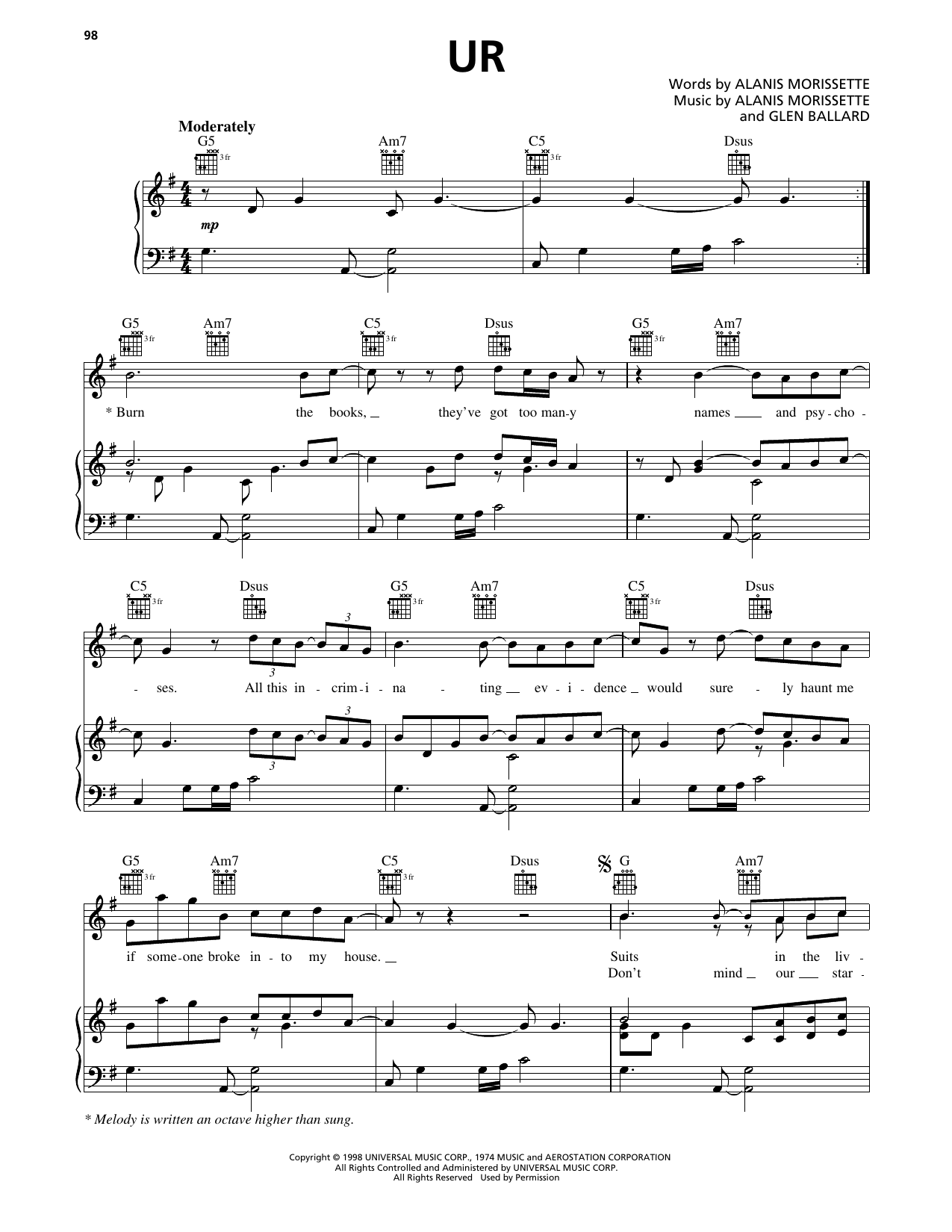 Alanis Morissette UR sheet music notes and chords arranged for Piano, Vocal & Guitar Chords (Right-Hand Melody)