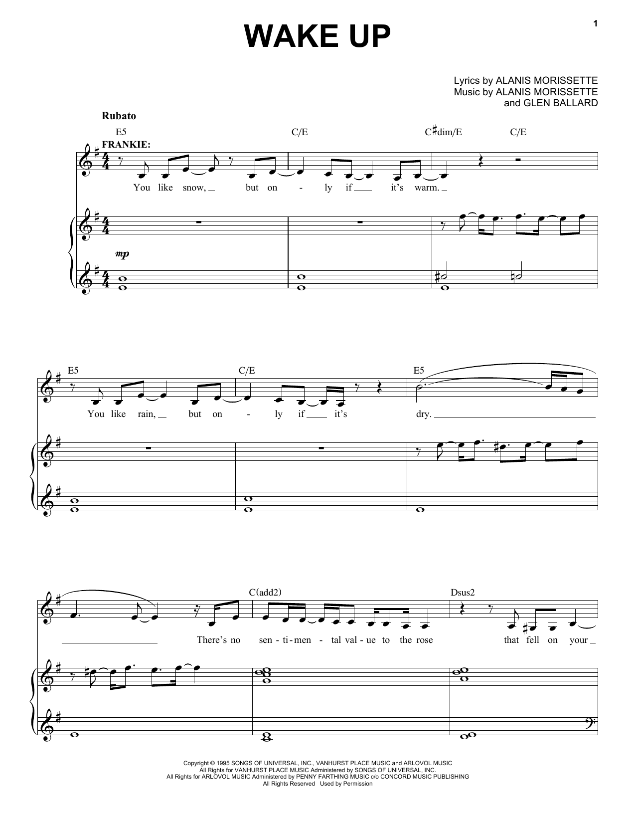 Alanis Morissette Wake Up (from Jagged Little Pill The Musical) sheet music notes and chords arranged for Piano & Vocal