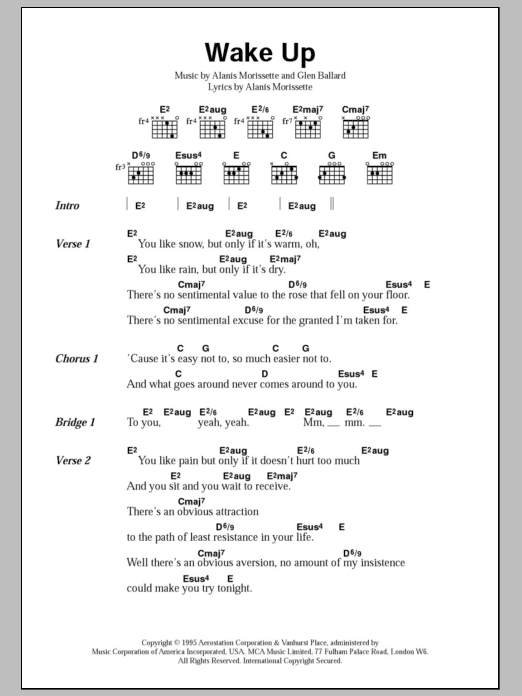 Alanis Morissette Wake Up sheet music notes and chords arranged for Piano, Vocal & Guitar Chords (Right-Hand Melody)