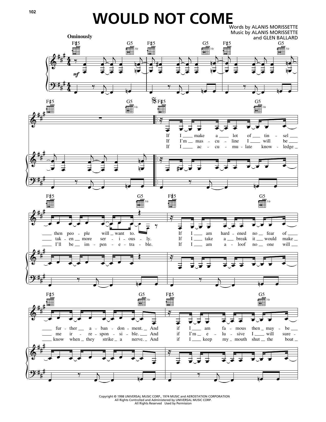 Alanis Morissette Would Not Come sheet music notes and chords arranged for Piano, Vocal & Guitar Chords (Right-Hand Melody)