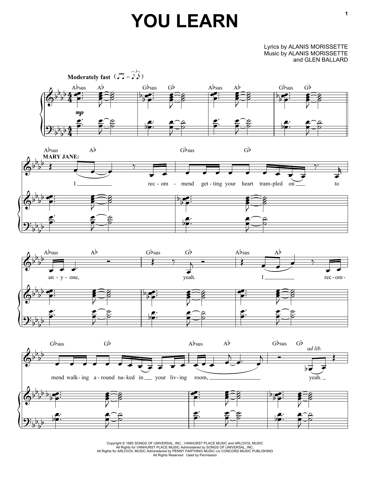 Alanis Morissette You Learn (from Jagged Little Pill The Musical) sheet music notes and chords arranged for Piano & Vocal