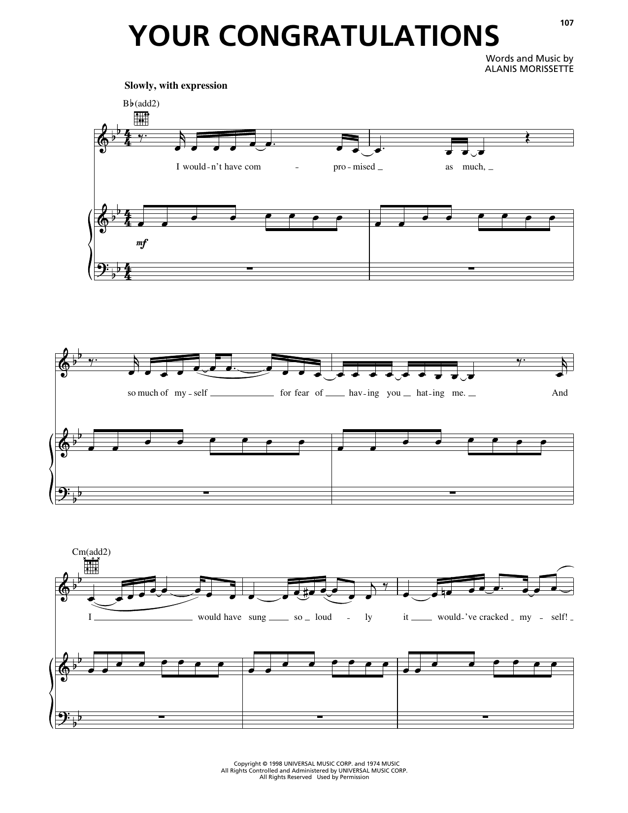 Alanis Morissette Your Congratulations sheet music notes and chords arranged for Piano, Vocal & Guitar Chords (Right-Hand Melody)