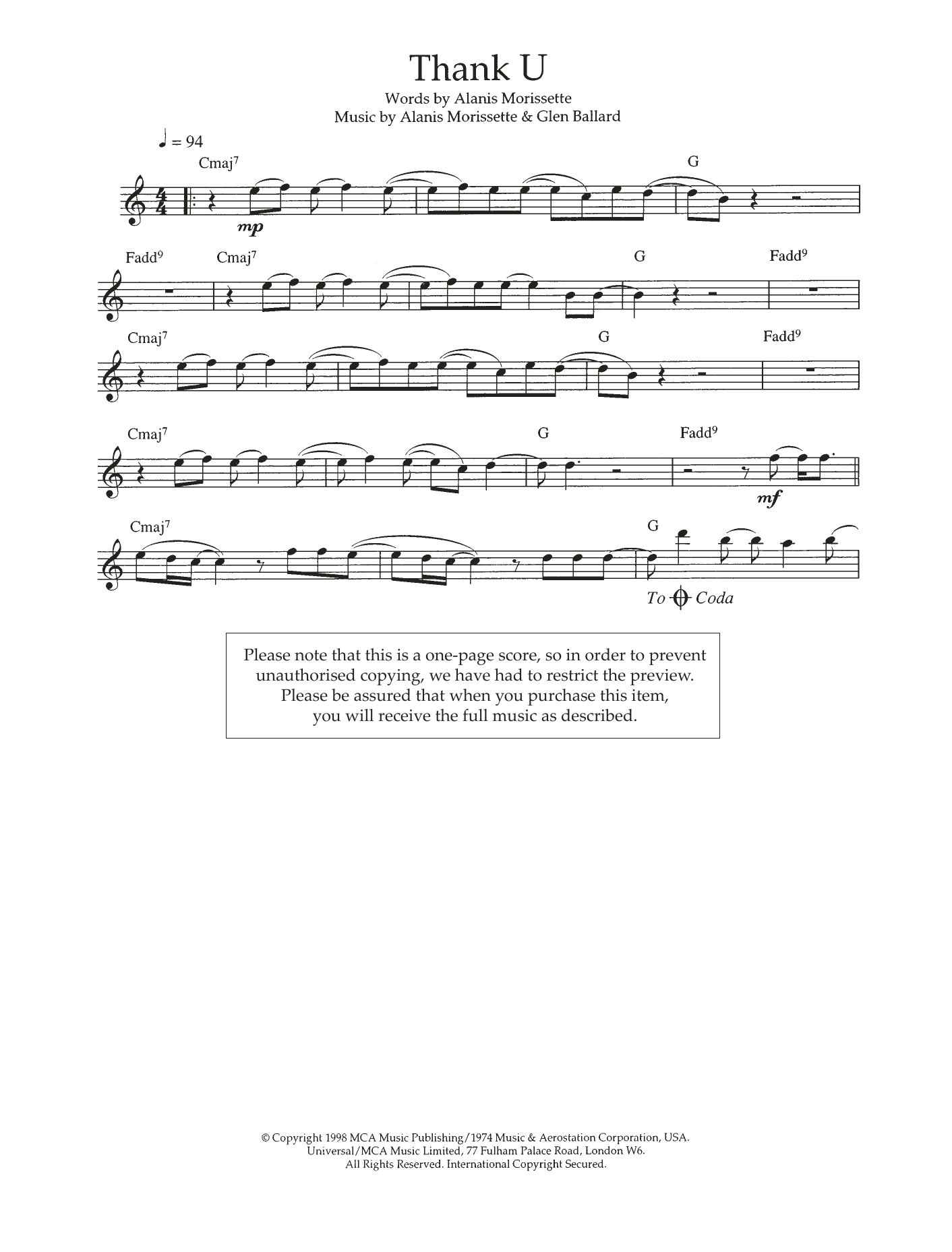 Alanis Morrisette Thank U sheet music notes and chords arranged for Flute Solo