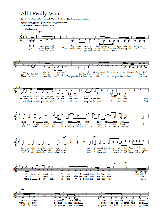 Alanis Morissette All I Really Want sheet music notes and chords. Download Printable PDF.