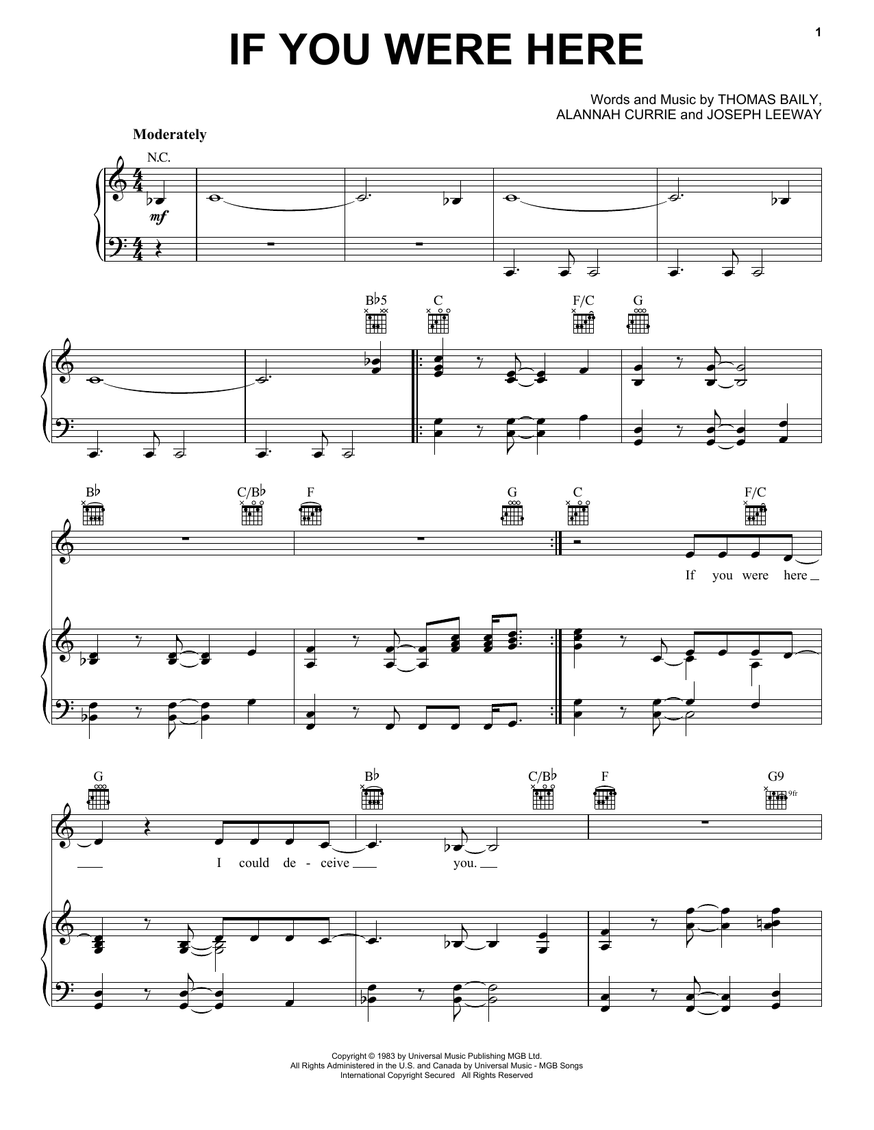 Alannah Currie If You Were Here sheet music notes and chords arranged for Piano, Vocal & Guitar Chords (Right-Hand Melody)