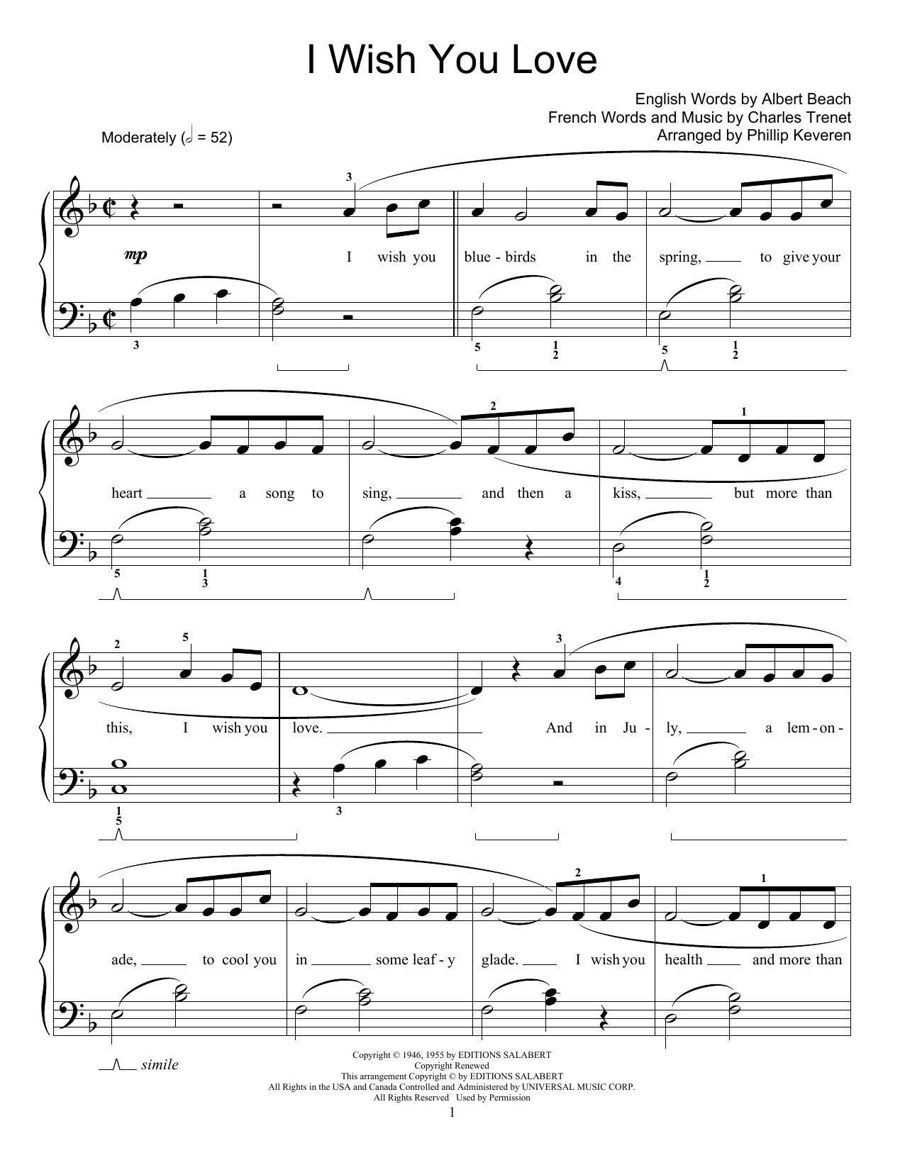 Albert A. Beach I Wish You Love (arr. Phillip Keveren) sheet music notes and chords arranged for Educational Piano