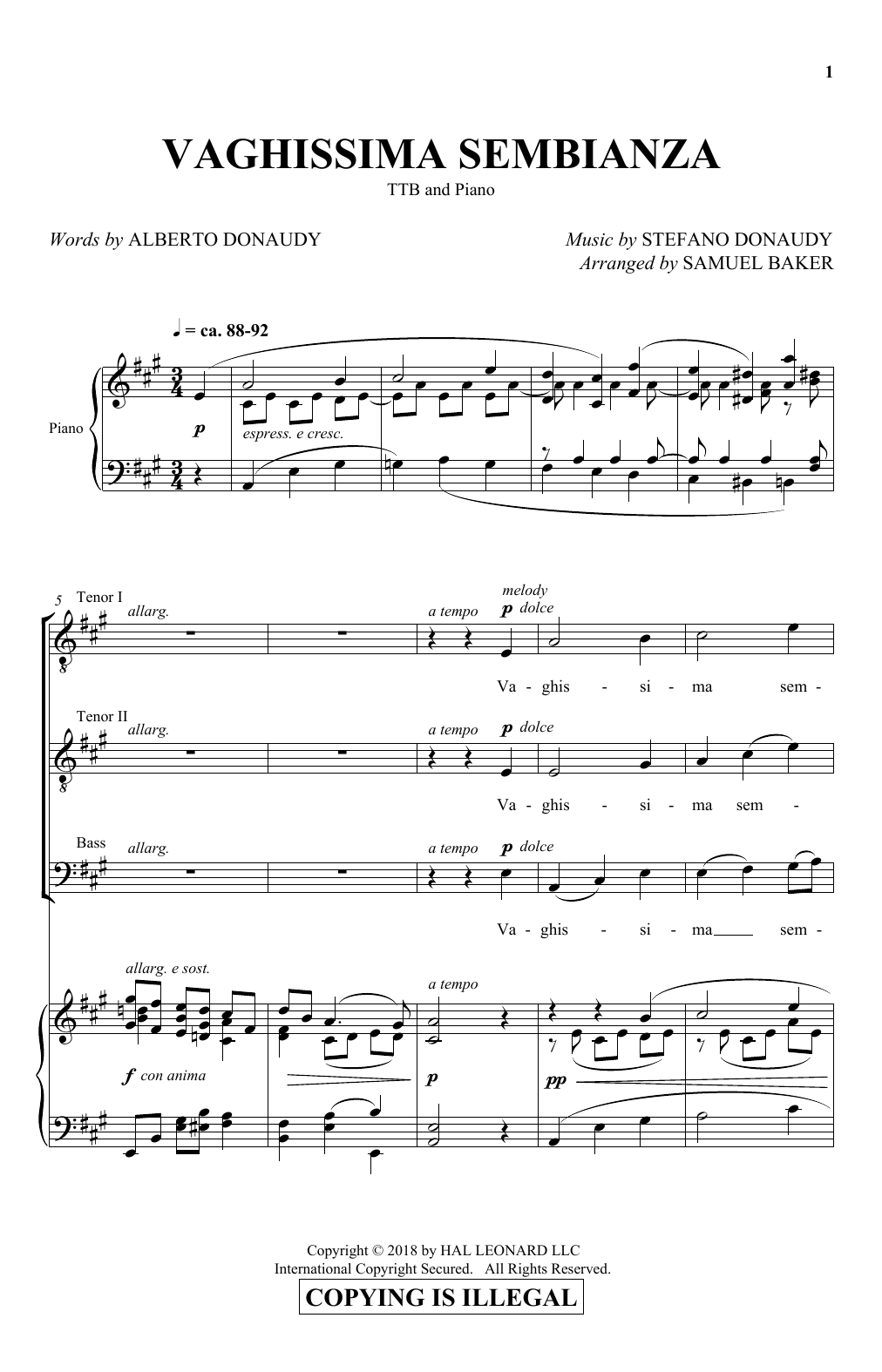 Albert Donaudy & Stefano Donaudy Vaghissima Sembianza (arr. Samuel Baker) sheet music notes and chords arranged for TTBB Choir